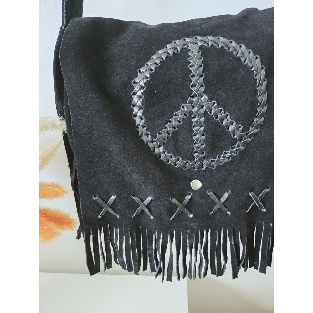 Dream Apparel Black Suede Leather Biker Bag Peace Sign Boho Crossbody Fringe - Picture 3 of 9